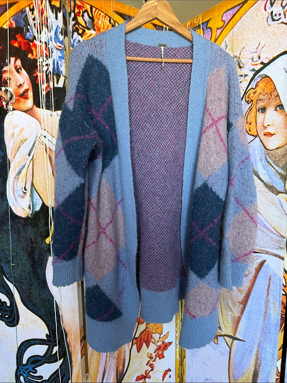 Free People Pastel blendedArgyle Open-Front Cardigan in Light Blue, Navy & Blush